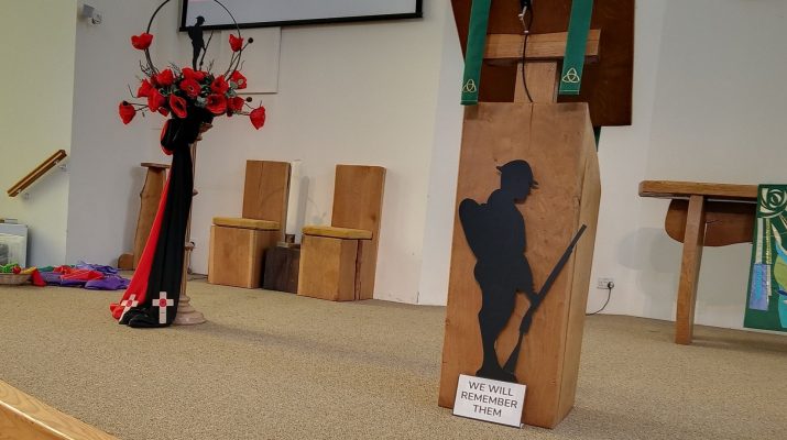 Remembrance Sunday 2025 poppy display and soldier silhouette with the words 'We will remember them' at St Luke's