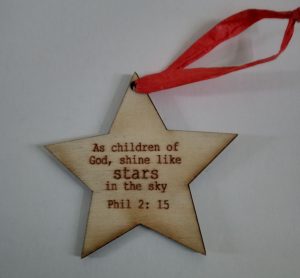 Christmas tree decoration quoting Philippians 2:5 reminds us, as children of God, to shine like stars in our daily lives